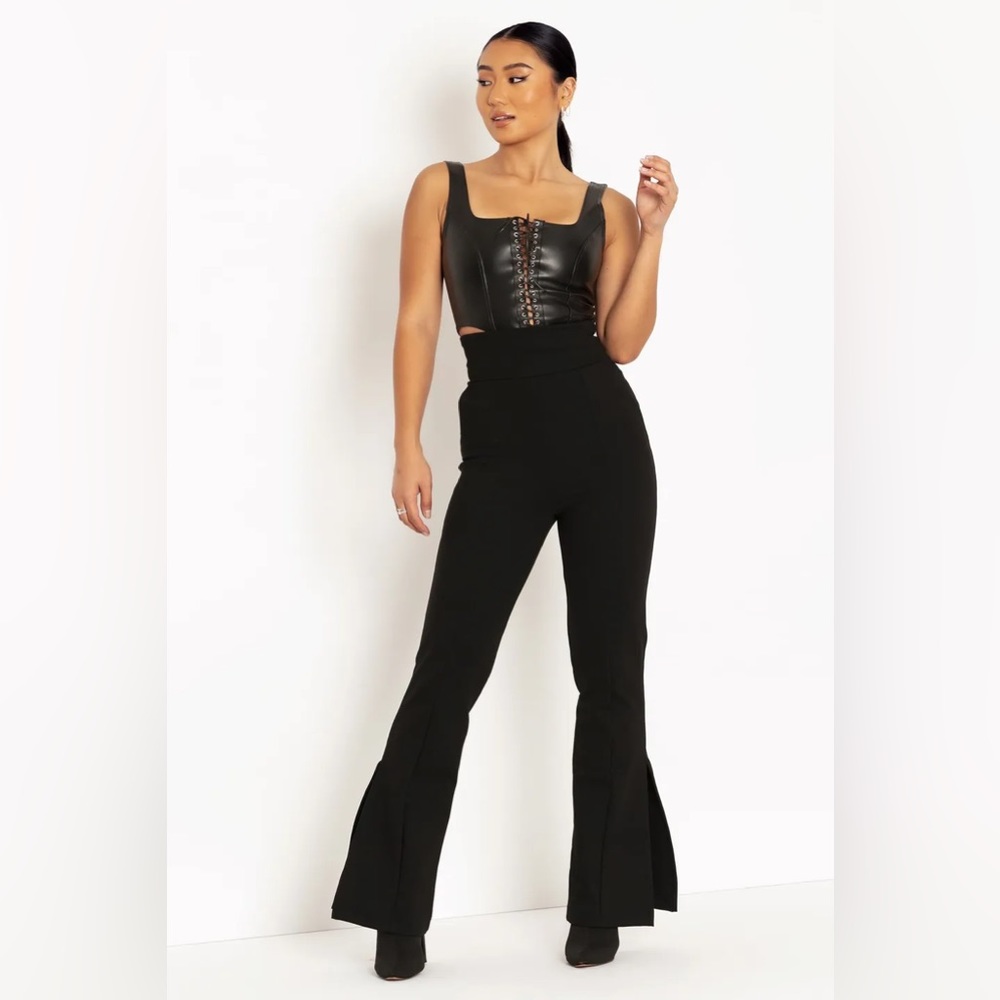BLACKMILK Push It Ultra High Waist Split Bootleg BLACK PANTS!